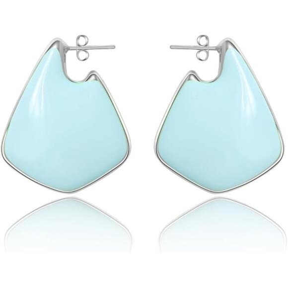 Light Blue Geometric Gold Statement Earrings – Chunky & Lightweight - Picture 5 of 5